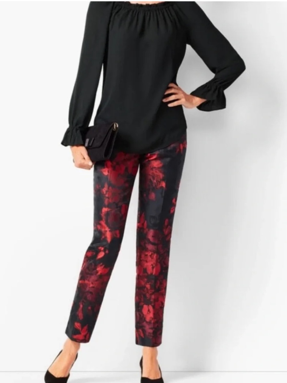 RSVP Talbots Painted Floral Chatham Black and Red Straight Pants